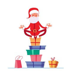 Santa in lotus yoga pose is sitting on stack of Christmas presents cartoon style