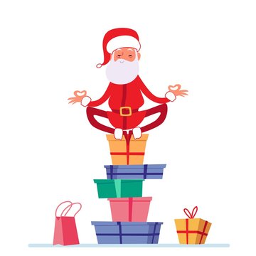 Santa in lotus yoga pose is sitting on stack of Christmas presents cartoon style