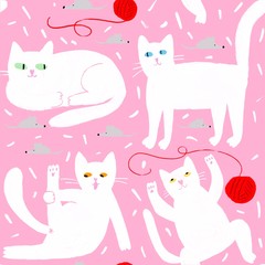 cute white cats seamless pattern