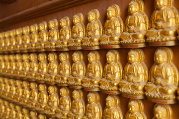 NONTHABURI THAILAND-JANUARY 24 : Three golden Buddhas statue at wat boromracha temple in nonthaburi.On JANUARY 24,2015 in Nonthaburi ,Thailand.