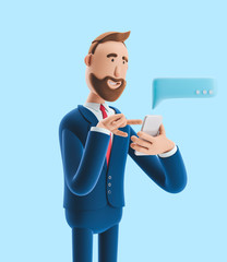 Cartoon character send message from phone. 3d illustration on blue background