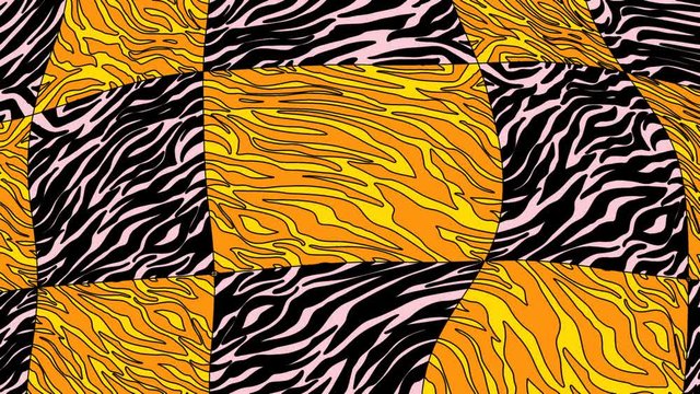 Seamless young animation of psychedelic zebra print with duotono colors.Art collage leopard and zebra pattern acid turbulence background.