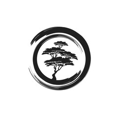 circle brushstroke with bonsai tree inside illustration logo design