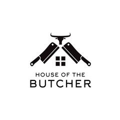 Butcher knife with buffalo head and house restaurant logo design