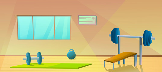 Gym with window.  Sport interior with barbells. Healthy gymnastic. Fitness room. Vector