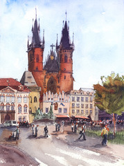 Obraz premium hand drawn watercolor Classic church in old town square near prague astronomical clock of prague, czech republic. colorful watercolor sketch with liner.