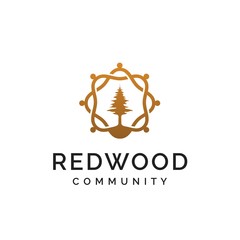 Golden redwood tree inside wavy frame logo design