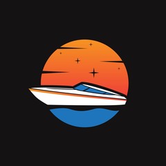 Speedboat with sunset or moon background illustration