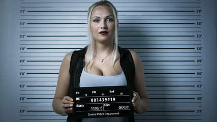 In a Police Station Arrested Woman Gets Front-View Mug Shot. She Wears Saucy Clothes, Has Heavy Makeup and Holds Placard. Height Chart in the Background. Shot with Dark Cold Lights and Vignette Filter © Gorodenkoff