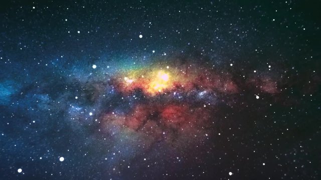 Aerial footage of galaxy and black blue orange red space full of white stars with big orange sun in the center with nebula around
