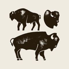 Bison Silhouette Icon. Vector Hand draw bison Symbol of America In Retro style with Grunge Texture © Sini4ka
