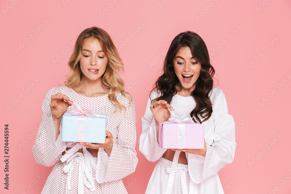 Poster happy young two pretty women girls friends sisters posing isolated over pink wall background holding