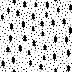 Hand Draw Christmas Tree Seamless Pattern in Doodle style. Vector Monochrome Endless Background