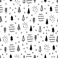 Fotobehang Hand Draw Christmas Tree Seamless Pattern in Doodle style. Vector Monochrome Endless Background © Sini4ka
