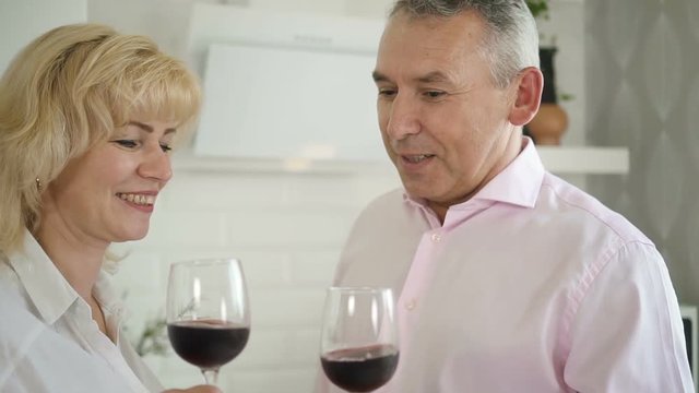 Mature husband and aged wife drinking red wine in moden interior. Happy family couple celebrating marriage anniversary, holding glasses with alcohol beverage, toasting and smiling.