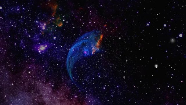 Space background camera flying through the blue and black galaxy with big blue and red planet in the background. Stars everywhere around and far away