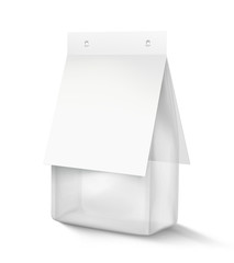 Transparent bag package with cardboard valve. Vector illustration. Mockup ready for your design, promo, adv. EPS10.