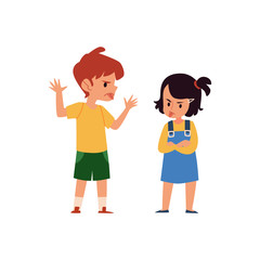 Cartoon boy and girl taunt and mock each other, angry children sticking tongue and showing mischief behavior
