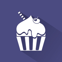 White Cupcake with Cherry, Flat Design Vector Illustration