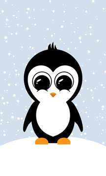 Cute Chibi Penguin in the Snow Vector Illustration