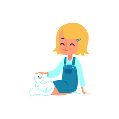 Cute little Caucasian baby girl blonde sitting, smiling and stroking a white cat.