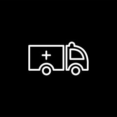 Ambulance Line Icon On Black Background. Black Flat Style Vector Illustration