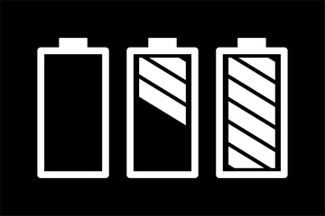 Battery Set On Black Background. Black Flat Style Vector Illustration