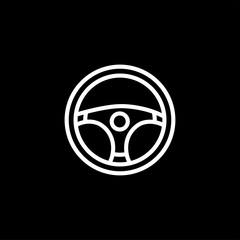 Car Steering Wheel Line Vector On Black Background. Black Flat Style Vector Illustration