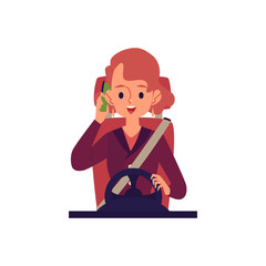 Woman driving a car and talking on the phone flat vector illustration isolated.