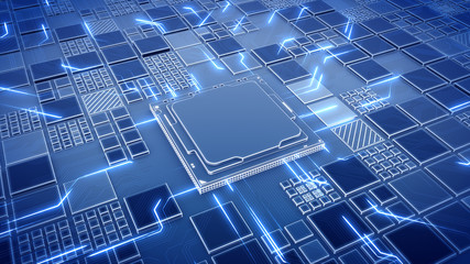 Abstract Motherboard circuit with CPU, microchips and animated electric signals 3d render