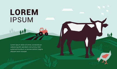Vector illustration of  tractor and cow on green meadow.  Farm landscape with cattle on pasture. Template with farming design for banner, booklet, book, prints, flyer, landing page, website, blog post