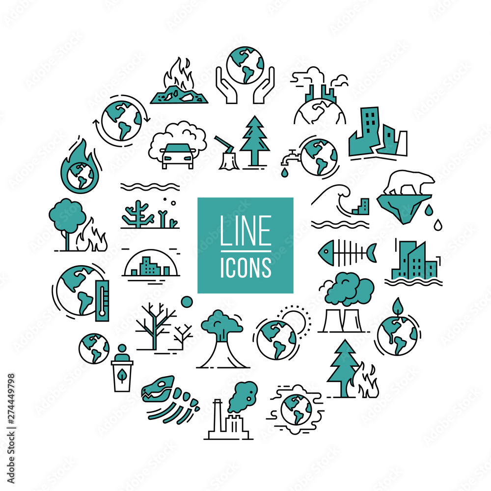 Wall mural vector circular illustration with set of icons isolated on a white background on the theme of planet