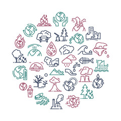 Vector circular illustration with set of icons isolated on a white background on the theme of planet pollution.
