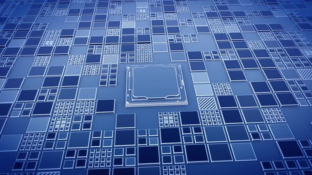 Abstract Motherboard circuit with CPU and microchips 3d render