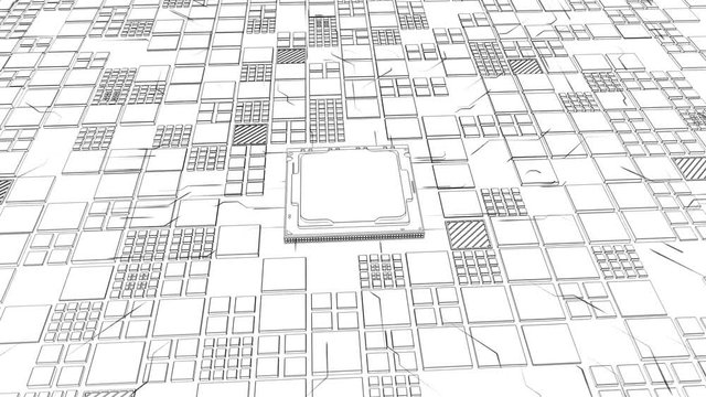 Abstract Motherboard circuit with CPU, microchips and animated electric signals 3d render
