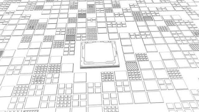 Abstract Motherboard circuit with CPU, microchips and animated electric signals 3d render