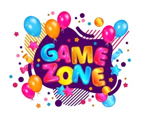 Game zone lettering and text with glossy fun shapes and balloons for kids banner.