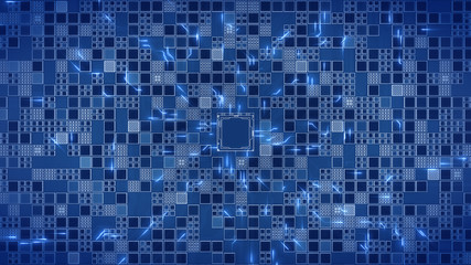Abstract Motherboard circuit with CPU, microchips and animated electric signals 3d render