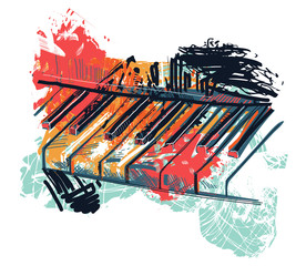 Abstract piano keyboard in watercolor sketch style. Colorful hand drawn grunge style art for banner, card, t-shirt, tattoo, print, poster. Vector illustration  © kateja
