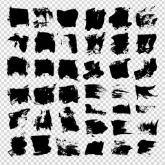 Big set of black textured abstract strokes isolated on imitation transparent background