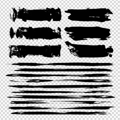 Big set of abstract black ink thin and thick textured strokes isolated on imitation transparent background