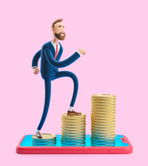 Cartoon character Billy goes to success. 3d illustration on pink background. Concept of financial growth. Money on smartphone, coin holding