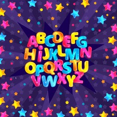 Colorful fun English alphabet set with glossy cartoon letters and starry purple background