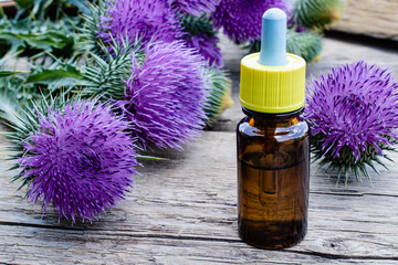 Fototapeta na wymiar A bottle of tincture or potion's essential oil and flowers of thistle on a wooden background