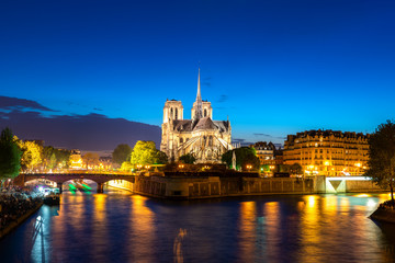 Fototapeta na wymiar Seine river and Notre Dame de Paris at night in Paris, France.