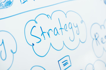 selective focus of word strategy written on white flipchart