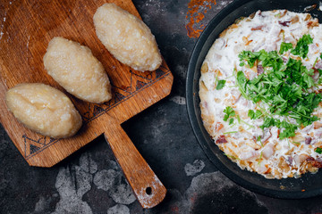 Stuff dumplings with meat stew top view