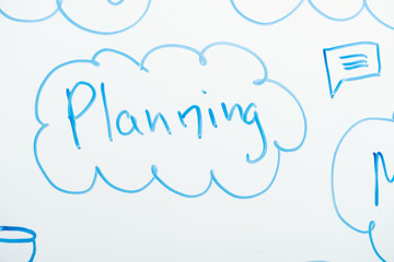 close up view of word planning written on white flipchart
