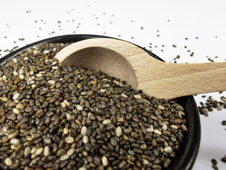 chia seeds bamboo bawl and wooden spoon