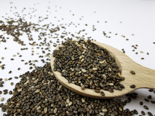 chia seeds bamboo bawl and wooden spoon